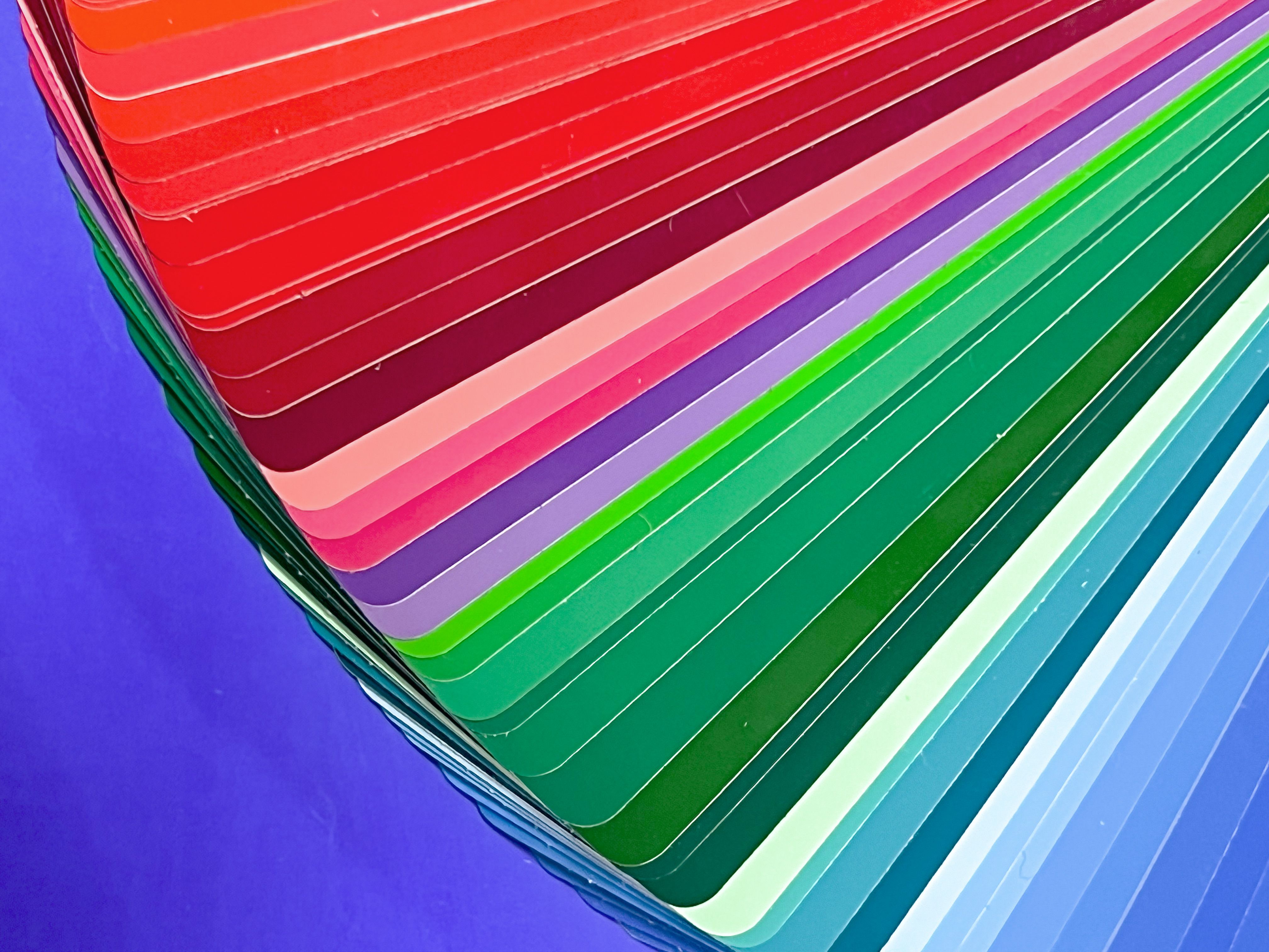 A bright and vivid fan of colorful swatches arranged in a flat lay on a purple background.