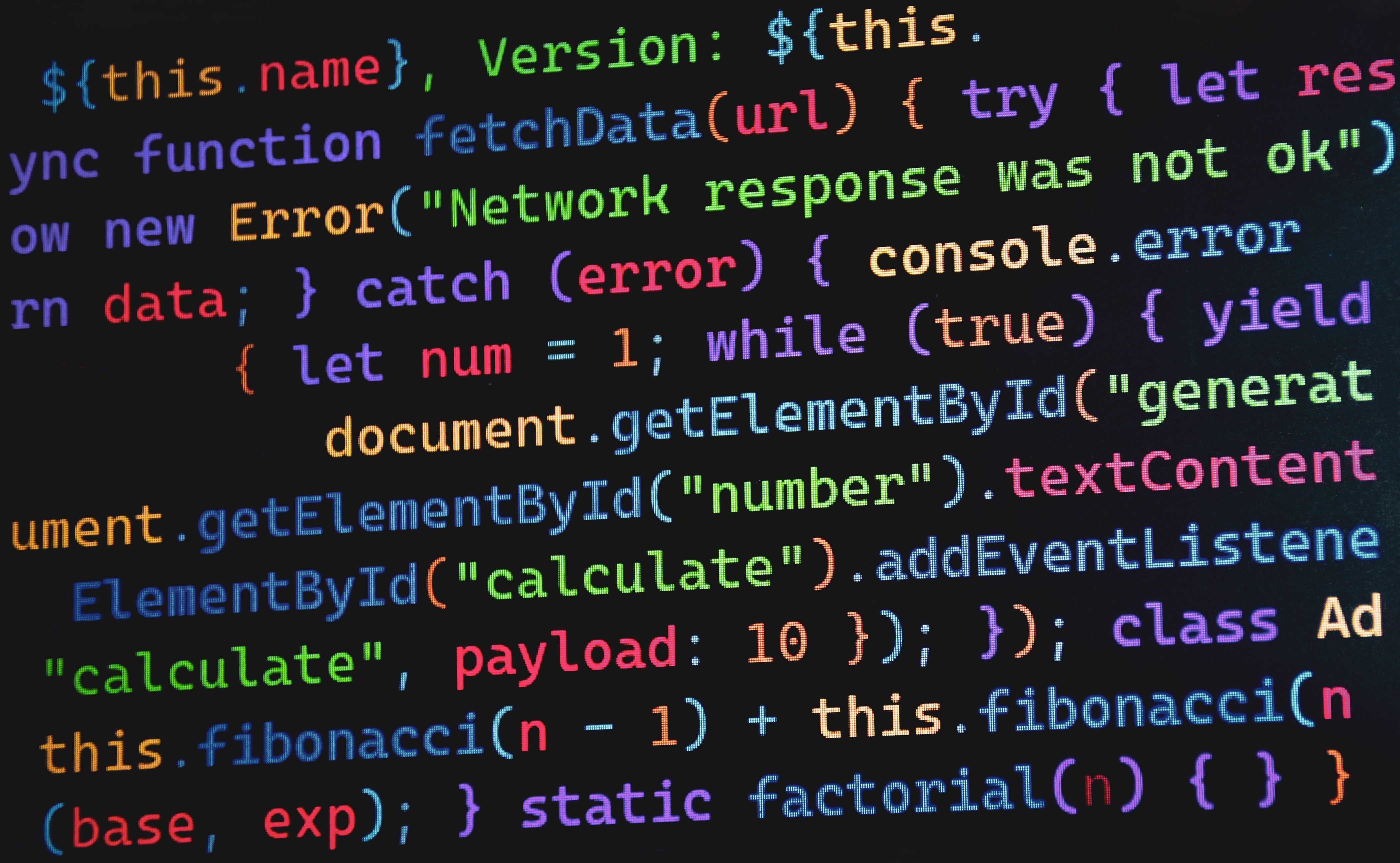 Vibrant JavaScript code displayed on a screen, highlighting programming concepts and software development.